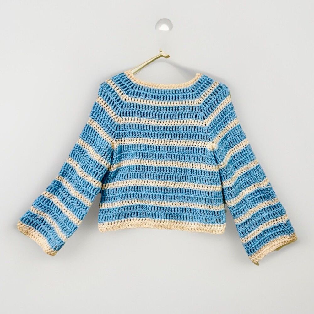 Handmade Striped knitted Crochet Sweater scoopneck Bell Sleeve M/L Blue White - Picture 2 of 4